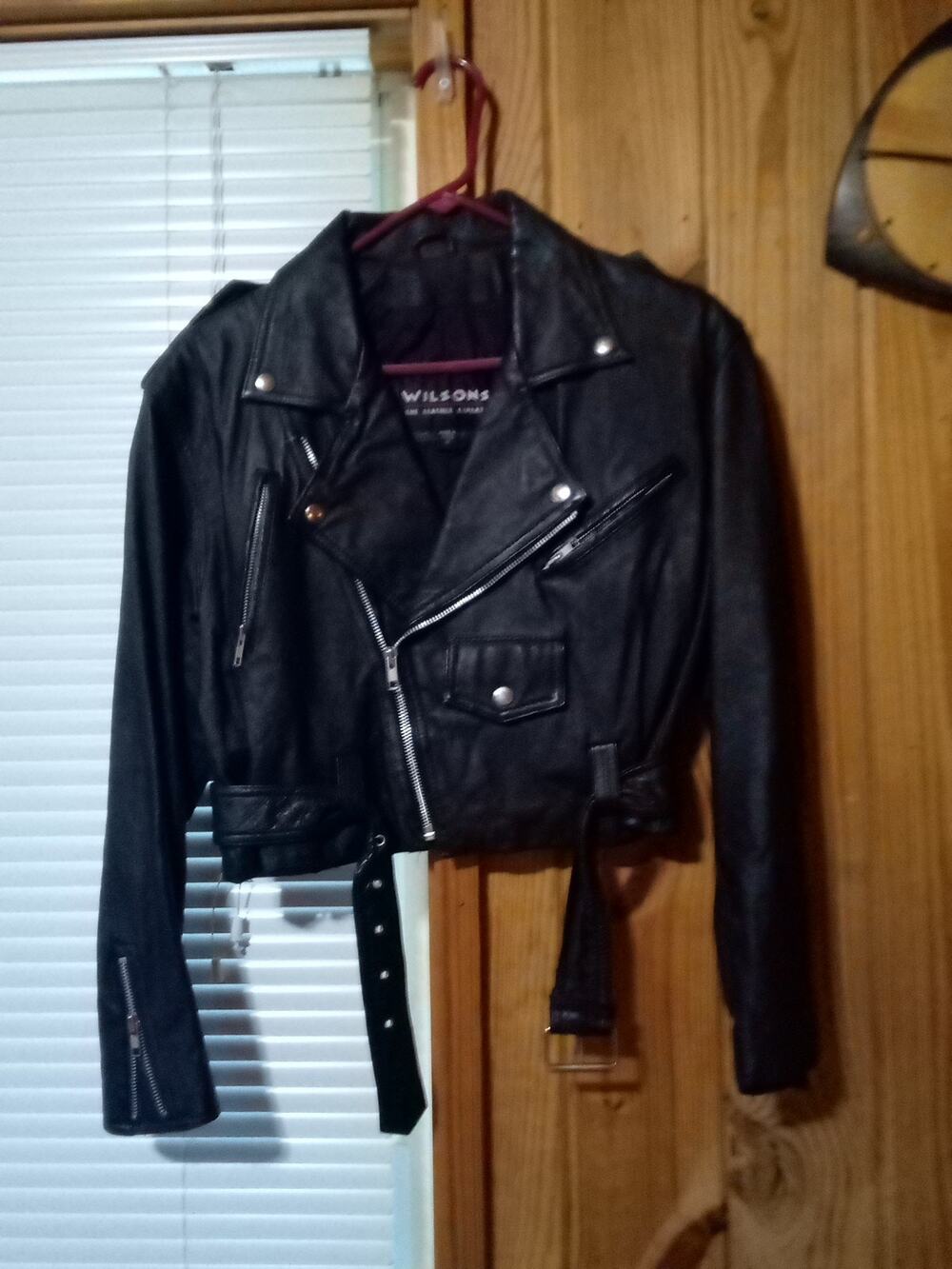 Wilsons Women's Black Leather Biker Moto Jacket M Belted Zip, Zipped Pockets
